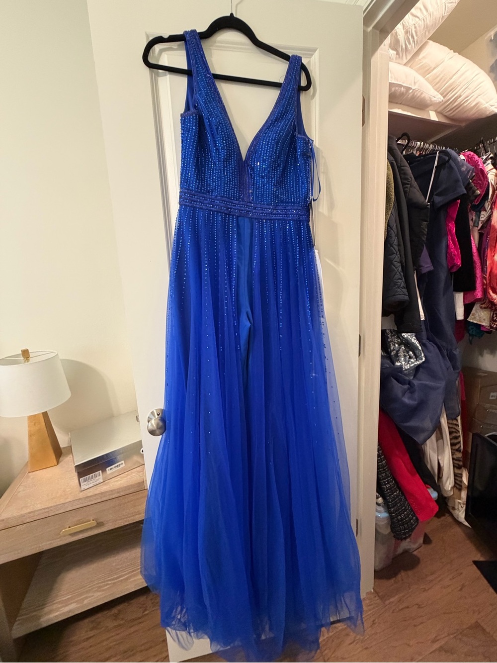 Royal Blue Beaded V-Neck Evening Gown / Jumpsuit